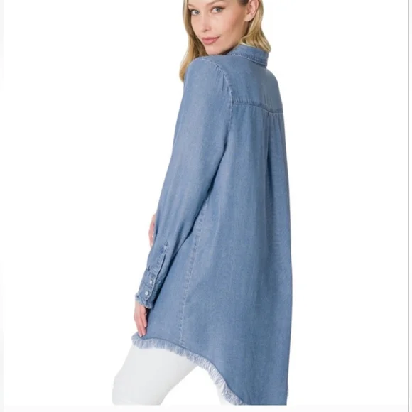 Denim Frayed  Hem Longline Shirt - Picture 2 of 2